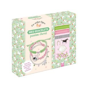 Un coffret "Passion cheval" pour créer des bijoux DIY pour et par les enfants avec 3 bracelets à fabriquer pour les fans d'équitation ou de poney.